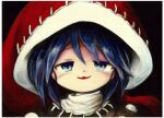  1girl bangs black_background blue_eyes blue_hair blush border commentary_request doremy_sweet eyebrows_visible_through_hair face hat kouba looking_at_viewer nightcap open_mouth pom_pom_(clothes) red_headwear shirt short_hair smile smug touhou traditional_media white_border white_shirt 