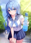 1girl ahoge bangs blue_eyes blue_hair blue_neckwear blue_sailor_collar blue_skirt blurry blurry_background blush bottle breasts collarbone commentary_request cowboy_shot day eyebrows_visible_through_hair hair_between_eyes hand_on_own_thigh highres holding holding_bottle incoming_drink large_breasts leaning_forward long_hair looking_at_viewer neckerchief original outdoors outstretched_arm pleated_skirt sailor_collar school_uniform serafuku shirt short_sleeves sidelocks skirt smile solo standing ttopang very_long_hair water_bottle white_shirt 
