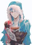  1boy blood blue_hair capelet cu_chulainn_(caster)_(fate) cu_chulainn_(fate)_(all) deep_wound earrings fate/grand_order fate/stay_night fate_(series) fur-trimmed_hood fur_trim highres hood hood_up hooded_capelet injury jewelry lancer long_hair male_focus muscular muscular_male one_eye_covered red_eyes simple_background skin_tight smile solo taratotati type-moon vambraces 