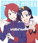  2boys ahoge angry backwards_hat blue_eyes blue_hair blush ethan_(pokemon) gensi hand_on_shoulder hat high_collar jacket looking_at_viewer male_focus multiple_boys one_eye_closed open_mouth pokemon pokemon_(game) pokemon_hgss redhead short_hair silver_(pokemon) sweatdrop violet_eyes 