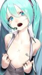  1girl absurdres aqua_eyes aqua_hair breast_tattoo breasts chest_tattoo collarbone collared_shirt commentary_request detached_sleeves english_text eyelashes grey_shirt hair_between_eyes hatsune_miku head_tilt headphones headset highres long_hair looking_at_viewer no_bra open_clothes open_mouth open_shirt rsk_(tbhono) shiny shiny_hair shiny_skin shirt sidelocks simple_background sleeveless small_breasts solo tattoo twintails unzipped upper_body vocaloid white_background wide_sleeves 