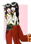  black_hair blush hinoa hug japanese_clothes kimono long_hair minoto monster_hunter monster_hunter_(series) monster_hunter_rise pointy_ears shioyaki_ajitarou siblings twins 
