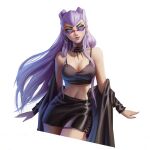  1girl bangs bare_shoulders blush demon_girl earrings evelynn_(league_of_legends) glasses highres hoop_earrings jewelry league_of_legends liemnguyenart long_hair makeup open_clothes silver_hair skirt the_baddest_evelynn yellow_eyes 