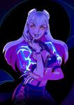  1girl absurdres aloiciaclee bracelet claws cropped_jacket dark demon_girl earrings evelynn_(league_of_legends) evil_smile highres jewelry league_of_legends long_hair looking_at_viewer makeup open_clothes revealing_clothes silver_hair skirt smile solo the_baddest_evelynn yellow_eyes 