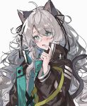  1girl ahoge animal_ears arknights bangs blue_eyes cat_ears cat_girl cat_tail curly_hair gsa hair_over_one_eye highres jacket long_hair looking_at_viewer nopetroto silver_hair simple_background solo tail white_background 