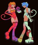  2girls ayanami_rei bare_shoulders black_background blue_eyes blue_hair boots cat_tail elbow_gloves full_body gloves highres leotard long_hair monkey_tail multiple_girls neon_genesis_evangelion orange_hair puyogho red_eyes red_footwear red_gloves red_leotard short_hair simple_background souryuu_asuka_langley standing strapless strapless_leotard tail thigh-highs thigh_boots white_footwear white_gloves 
