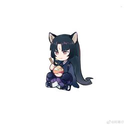  1girl :t animal_ear_fluff animal_ears arknights artist_request black_footwear black_hair black_kimono brown_eyes closed_mouth commentary_request crossed_legs dog_ears facial_mark forehead_mark highres japanese_clothes kimono long_hair pants purple_pants saga_(arknights) simple_background sitting socks solo tabi very_long_hair wavy_mouth white_background white_legwear 