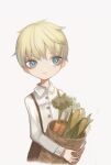  1boy basket blonde_hair blue_eyes carrot collared_shirt copyright_request corn highres holding lalala222 long_sleeves shadow shirt short_hair simple_background smile solo suspenders upper_body white_background white_shirt 