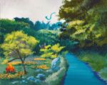  cloud cloudy_sky commentary day dragonair english_commentary flower forest fuchsia_city gen_1_pokemon grass highres nature outdoors parasect pinsir plant pokemon pokemon_(creature) river rock scenery simone_mandl sky tree 