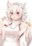  1girl breasts commentary_request detached_sleeves hat inubashiri_momiji looking_at_viewer medium_breasts no_hat no_headwear red_eyes rururiaru short_hair simple_background solo touhou white_background white_hair 