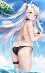  1girl absurdres ass azur_lane bangs bikini black_bikini black_neckwear black_ribbon blue_sky blush breasts choker eyebrows_visible_through_hair from_behind hair_ornament hair_ribbon highres in_water jyu-so large_breasts long_hair looking_at_viewer looking_back multicolored_hair outdoors parted_bangs parted_lips prinz_eugen_(azur_lane) red_eyes redhead ribbon silver_hair sky solo standing streaked_hair swimsuit thigh_strap thighs two_side_up under_boob wet 