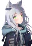  1girl absurdres animal_ear_fluff animal_ears arknights bangs black_gloves black_jacket blush closed_mouth commentary_request eyebrows_visible_through_hair fingerless_gloves gloves green_eyes grey_hair highres holding jacket juu_p long_hair looking_at_viewer rosmontis_(arknights) simple_background solo upper_body white_background 