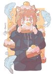  1girl absurdres animal_ears bangs blush brown_eyes brown_hair covered_mouth drawstring english_text eyebrows_visible_through_hair fish food fried_egg fried_egg_on_toast haru57928031 highres holding holding_food original short_hair solo 