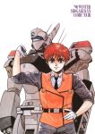  1990s_(style) 1girl absurdres black_neckwear brown_eyes brown_hair gloves hand_on_hip highres izumi_noa kidou_keisatsu_patlabor looking_at_viewer mecha necktie official_art retro_artstyle short_hair simple_background smile solo white_background white_gloves 