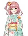  1girl :d absurdres arrow_(projectile) bangs bell blush braid brown_eyes brown_hair ema eyebrows_visible_through_hair floral_print green_kimono hamaya hamiya_yuru highres holding holding_arrow japanese_clothes jingle_bell kimono long_hair long_sleeves looking_at_viewer obi official_art one_side_up open_mouth philharmonic_princesses print_kimono sash simple_background smile solo tatejima_uri thick_eyebrows virtual_youtuber white_background wide_sleeves 