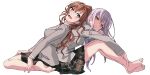 2girls absurdres back-to-back bang_dream! bangs barefoot blazer breasts brown_hair brown_skirt commentary eyebrows_visible_through_hair from_side full_body green_eyes grey_jacket hair_between_eyes hand_on_own_arm hand_on_own_leg haneoka_school_uniform highres imai_lisa jacket knees_up leaning_back leaning_on_person long_hair long_sleeves looking_at_viewer looking_to_the_side medium_breasts minato_yukina miniskirt multiple_girls nobusawa_osamu open_mouth parted_lips plaid plaid_skirt pleated_skirt ponytail school_uniform sidelocks silver_hair simple_background sitting skirt smile wariza wavy_hair white_background yellow_eyes 