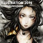  1girl 2016 black_hair black_jacket choker congratulations cracked_skin english_text floating_hair grey_eyes illustration.media jacket long_hair looking_at_viewer original parted_lips portrait shichigoro756 signature solo 