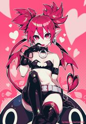  bandeau bat_wings belt black_gloves boots breasts candy choker demon_girl demon_tail demon_wings disgaea earrings etna food gloves highres jewelry lollipop micro_shorts mini_wings parororo prinny red_eyes redhead short_shorts short_twintails shorts skull_earrings small_breasts tail thigh-highs thigh_boots twintails wings 