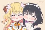  2girls ^_^ animal_ears bare_shoulders bear_ears black_hair blonde_hair blush_stickers cheek-to-cheek chibi closed_eyes commentary english_commentary eyebrows_visible_through_hair hololive indie_virtual_youtuber kukie-nyan mole mole_under_eye momosuzu_nene multiple_girls nishizaa-san smile twitter_username virtual_youtuber 