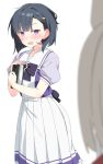  2girls black_hair blonde_hair blurry blurry_foreground blush book bow bowtie cosplay depth_of_field ear_blush embarrassed happy_meek_(umamusume) happy_meek_(umamusume)_(cosplay) highres holding holding_book kiryuin_aoi looking_at_viewer medium_hair multiple_girls nekoume open_mouth pleated_skirt puffy_short_sleeves puffy_sleeves purple_bow purple_neckwear purple_shirt ringed_eyes sailor_collar shirt short_sleeves simple_background skirt solo_focus standing sweat umamusume violet_eyes white_background white_sailor_collar white_skirt 