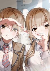  2girls absurdres al_mican blazer blush brown_eyes brown_hair brown_jacket collared_shirt colored_stripes commentary_request cover_image dress_shirt hair_ribbon hidden_mouth highres holding jacket koi_wa_futago_de_warikirenai low_twintails mini_necktie mole mole_under_eye mole_under_mouth multiple_girls open_blazer open_clothes open_jacket ribbon ruler school_uniform shirt short_hair siblings side-by-side sisters striped striped_neckwear twins twintails 