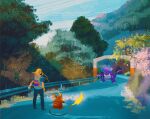  1boy backpack bag barricade blonde_hair blue_sky bush claws cloud cloudy_sky commentary electricity english_commentary forest gen_1_pokemon grass highres lightning long_hair nature nidoking outdoors plant poke_ball pokemon pokemon_(creature) raichu road rock simone_mandl sky tail tree tunnel 