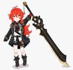  1boy :o antenna_hair bangs black_footwear black_jacket black_neckwear black_shorts boots child diluc_ragnvindr fur_trim genshin_impact gloves hair_between_eyes holding holding_sword holding_weapon jacket long_hair long_sleeves male_focus medetai ponytail red_eyes redhead shorts simple_background solo standing sword tassel vision_(genshin_impact) weapon younger 