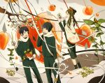  1girl 2boys bangs black_hair black_jacket black_pants brown_hair bug butterfly feet_out_of_frame gloves insect jacket leaf long_hair multiple_boys original oversized_object pants plant profile scarf scissors short_hair toinana twintails white_gloves white_scarf 