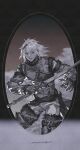  1boy absurdres boots commentary fur_trim gloves gradient gradient_background greyscale hair_between_eyes hair_ornament highres holding holding_sword holding_weapon looking_at_viewer medium_hair monochrome nier nier_(series) nier_(young) signature sword thigh-highs thigh_boots v8 weapon white_hair 