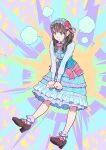 1girl abstract_background aqua_eyes blue_dress bow brown_footwear dress footwear_bow frilled_dress frilled_hairband frilled_legwear frills full_body hairband long_sleeves nobile1031 original red_bow shoes socks solo white_legwear 