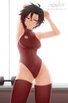  1girl armpits artist_name bare_shoulders black_hair breasts covered_navel cslucaris glasses grey_eyes leotard looking_to_the_side medium_breasts multicolored_hair red_leotard redhead ruby_rose rwby short_hair sleeveless solo stretch sweat thigh-highs thighs 