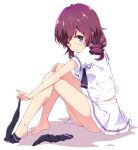  1girl barefoot black_neckwear drill_hair highres legs looking_at_viewer machikado_mazoku mel_(melty_pot) redhead school_uniform short_hair short_sleeves simple_background sitting skirt socks socks_removed solo violet_eyes white_background white_skirt yoshida_ryouko 