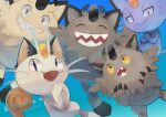  :d alolan_form alolan_meowth black_eyes blue_background cat clenched_teeth closed_eyes commentary_request fangs galarian_form galarian_meowth gen_1_pokemon gen_7_pokemon gen_8_pokemon highres kikuyoshi_(tracco) looking_at_viewer meowth no_humans open_mouth pokemon pokemon_(creature) sharp_teeth smile teeth tongue translation_request 