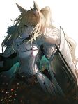 1girl absurdres animal_ear_fluff animal_ears arknights armor backlighting blemishine_(arknights) blonde_hair capelet echj expressionless highres looking_at_viewer shield solo white_background white_capelet yellow_eyes