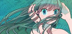  1girl aqua_hair bangs bare_shoulders blue_eyes covered_mouth eyebrows_visible_through_hair hands_up leaf leaf_print long_hair nobile1031 original patterned_background shadow solo upper_body wind 