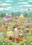  animal_crossing balloon box brown_hair bug butterfly butterfly_net character_request clouds cloudy_sky fishing flag flower gift gift_box ground_vehicle hand_net highres insect isabelle_(animal_crossing) k.k._slider_(animal_crossing) lalala222 leaf log long_sleeves motor_vehicle orange_flower plant purple_flower rainbow red_flower short_hair sky timmy_(animal_crossing) tommy_(animal_crossing) tree truck tulip villager_(animal_crossing) water white_flower wide_shot yellow_flower 