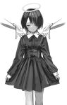  1girl absurdres belt chest_belt closed_eyes closed_mouth dot_nose dress facing_viewer greyscale halo highres long_sleeves medium_hair monochrome multiple_belts nadegata original simple_background skirt_hold smile solo standing suspenders white_background 