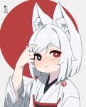  1girl animal_ear_fluff animal_ears black_eyes blush closed_mouth commentary_request fang fang_out fox_ears grey_background hair_tucking hand_up heterochromia highres japanese_clothes kimono kuro_kosyou looking_at_viewer obi original red_background red_eyes sash short_eyebrows short_hair silver_hair solo thick_eyebrows two-tone_background upper_body white_kimono 