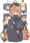 1girl absurdres animal animal_on_head bangs black_cat black_hoodie brown_eyes cat cat_on_head clouds covered_mouth english_text eyebrows_visible_through_hair haru57928031 highres holding holding_animal holding_cat hood hoodie lantern long_sleeves looking_at_viewer on_head original solo 