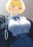 1girl belt_buckle blonde_hair blue_eyes blue_skirt blurry bow bowtie breasts buckle closed_mouth collared_shirt cuffs depth_of_field dress_shirt eyebrows_visible_through_hair fur_trim girls_frontline gloves hair_between_eyes handcuffs highres ikumikatahira jacket large_breasts leaning_back light_particles looking_at_viewer mole mole_under_eye personification shirt shirt_tucked_in short_hair simple_background skirt solo tented_shirt upper_body vsk-94_(girls_frontline) white_shirt 