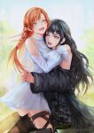  bangs black_dress black_hair blue_eyes blunt_bangs dress final_fantasy final_fantasy_xiv gaia_(ff14) hair_ribbon head_on_chest head_on_head hug l&#039;estate laughing light_smile looking_at_another orange_hair outdoors ribbon ryne signature thigh-highs wavy_hair white_dress wide_sleeves yuri 