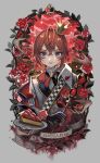  1boy black_gloves blush crown flower food fruit gloves grey_eyes hair_between_eyes holding lalala222 leaf long_sleeves looking_at_viewer plate red_flower red_rose redhead riddle_rosehearts rose short_hair smile solo strawberry thorns twisted_wonderland upper_body 