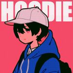  1girl absurdres backpack bag baseball_cap black_bag black_hair blue_hoodie drawstring hair_between_eyes halftone hat highres hood hood_down hoodie original pink_eyes short_hair solo white_headwear yoshi_mi_yoshi 