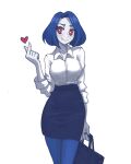  1girl blue_hair blue_legwear blue_skirt briefcase colored_skin fang hcnone heart office_lady original red_eyes shirt skirt white_shirt white_skin 