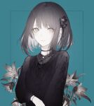  1girl absurdres aqua_background bangs black_flower black_hair black_shirt choker flower gradient_hair grey_eyes grey_flower grey_hair hair_flower hair_ornament highres hito_komoru long_sleeves looking_at_viewer multicolored_hair original parted_lips shirt simple_background solo upper_body 