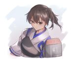  1girl bangs brown_eyes brown_hair closed_mouth flight_deck hair_between_eyes highres japanese_clothes kaga_(kancolle) kantai_collection knt02142769 muneate ponytail side_ponytail signature simple_background solo tasuki upper_body 