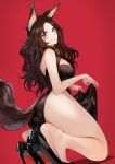  1girl animal_ears bare_shoulders black_dress black_footwear black_hair breasts china_dress chinese_clothes clothing_cutout dress grin high_heels highres kneeling large_breasts long_hair looking_at_viewer nr_noir original pelvic_curtain red_background smile tail thighs violet_eyes 