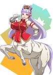  1girl :p animal_ears armband armpits bangs bare_shoulders blunt_bangs bow bowtie breasts bridle brown_headwear centaur clenched_hand collared_shirt commentary_request ear_covers ear_ribbon eyebrows_visible_through_hair floating_hair gloves gold_ship_(umamusume) hat horse_ears horse_tail large_breasts long_hair looking_at_viewer midori_no_iruka monster_girl monsterification multiple_legs pillbox_hat pointing pointing_at_self rearing red_bow red_shirt shirt silver_hair sleeveless sleeveless_shirt smile solo tail taur taut_clothes taut_shirt tongue tongue_out umamusume violet_eyes white_background white_gloves 