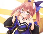  1girl animal_ear_fluff animal_ears bespectacled blue-framed_eyewear blue_bow blue_kimono bow detached_sleeves fate/extra fate/grand_order fate_(series) fox_ears fox_girl fox_tail glasses hair_bow haryuu_(poetto) highres japanese_clothes kimono pink_hair semi-rimless_eyewear smile solo tail tamamo_(fate)_(all) tamamo_no_mae_(fate) twintails under-rim_eyewear wide_sleeves yellow_eyes 