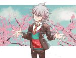  1boy bangs brown_jacket brown_pants cherry_blossoms collared_shirt commentary_request cowboy_shot dangan_ronpa_(series) dangan_ronpa_3_(anime) green_vest grey_eyes grey_hair hair_between_eyes hands_up happy_birthday highres hisin_di_fushang hope&#039;s_peak_academy_school_uniform jacket komaeda_nagito looking_at_viewer male_focus necktie open_clothes open_jacket outstretched_hand pants petals red_vest school_uniform shirt smile solo tree vest white_background 
